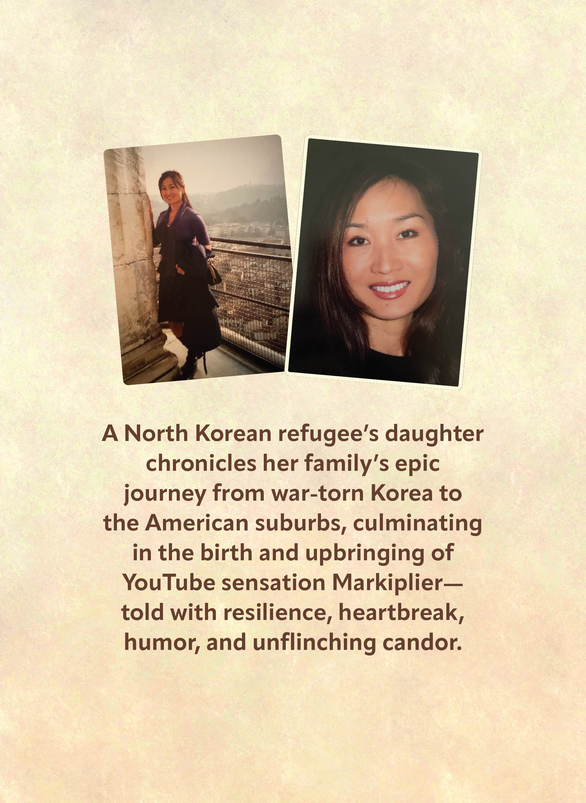 Two portraits of Sunok Frank with the book's synopsis on a beige background.